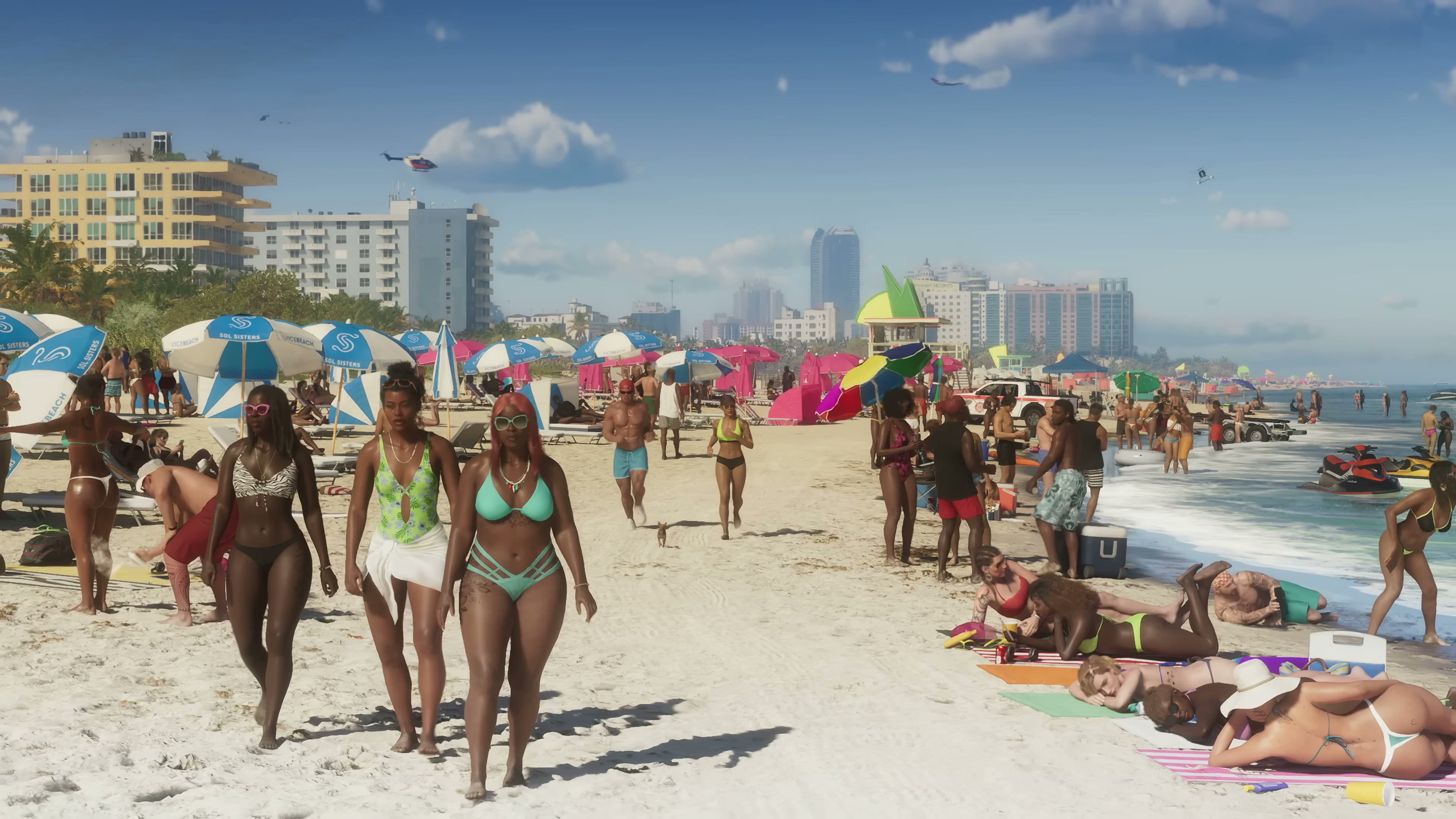 Crowded Vice City beach with high-rise buildings and a helicopter overhead in Trailer 1