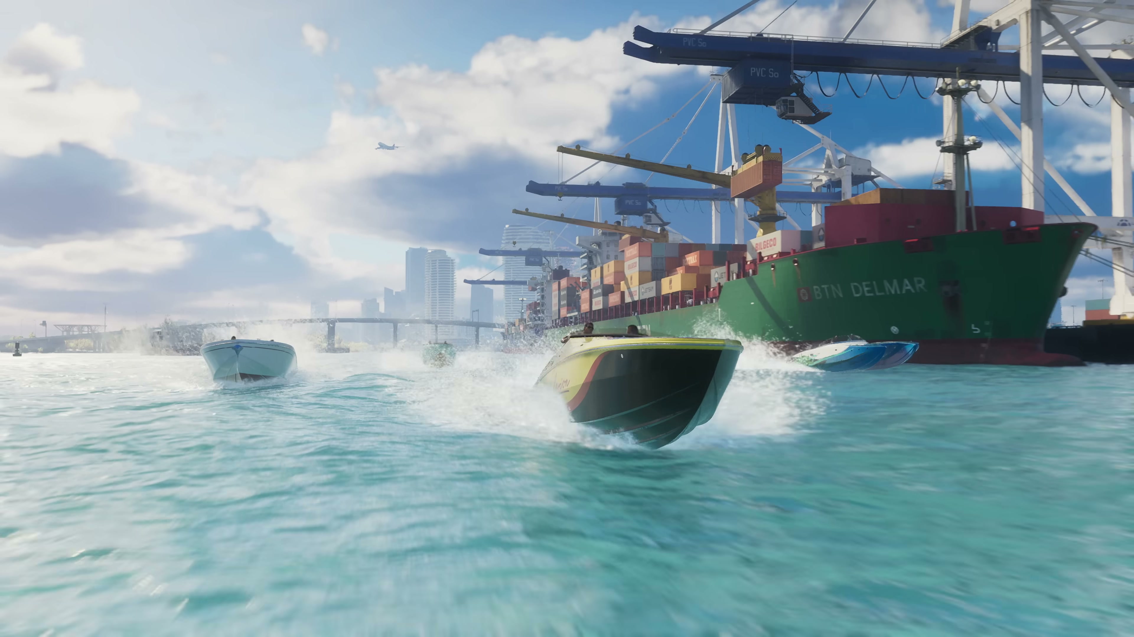 Speedboats racing past a commercial port with cargo cranes and a container ship