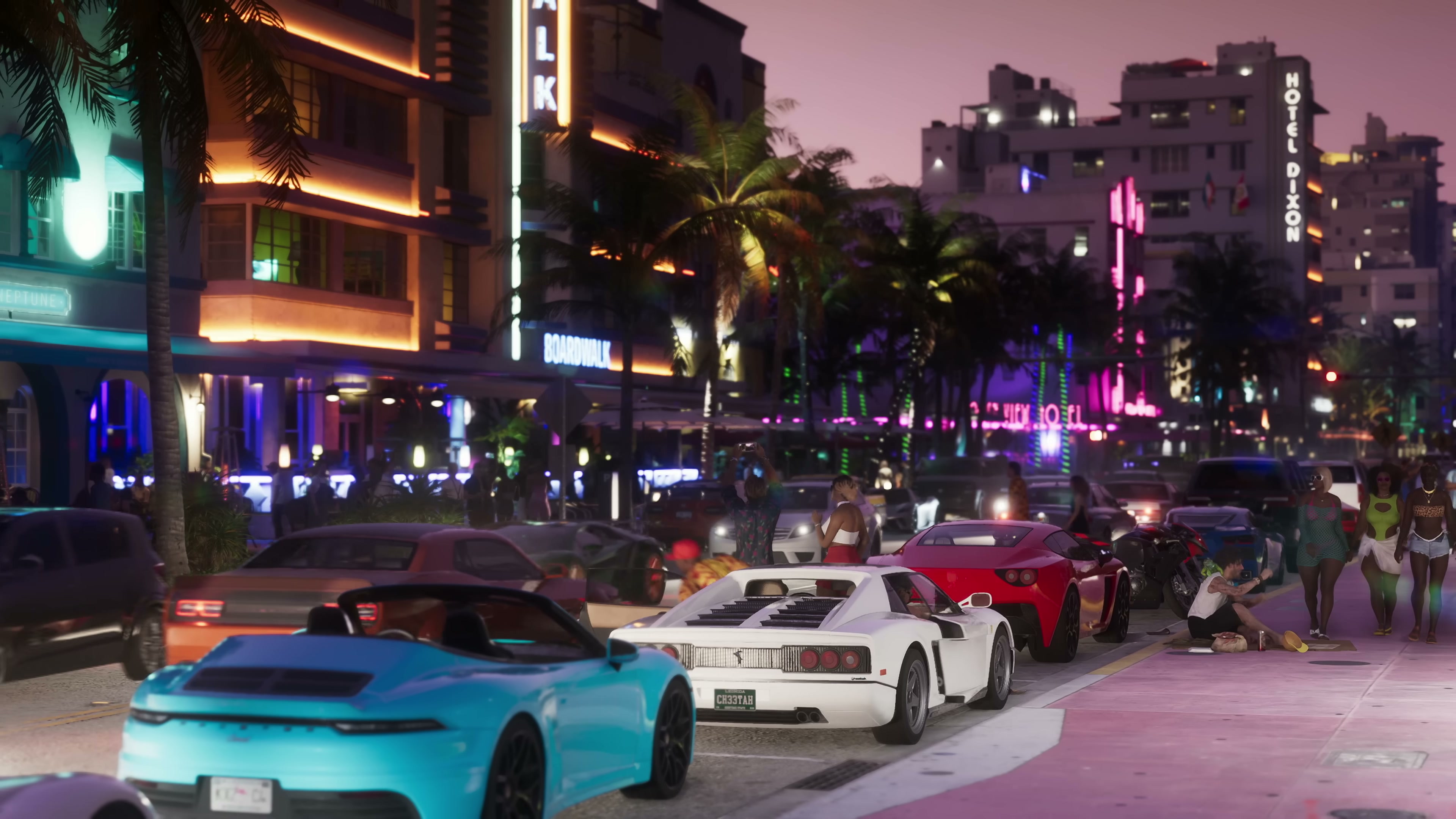 Nighttime Vice City street with Hotel Dixon signage and neon hotels