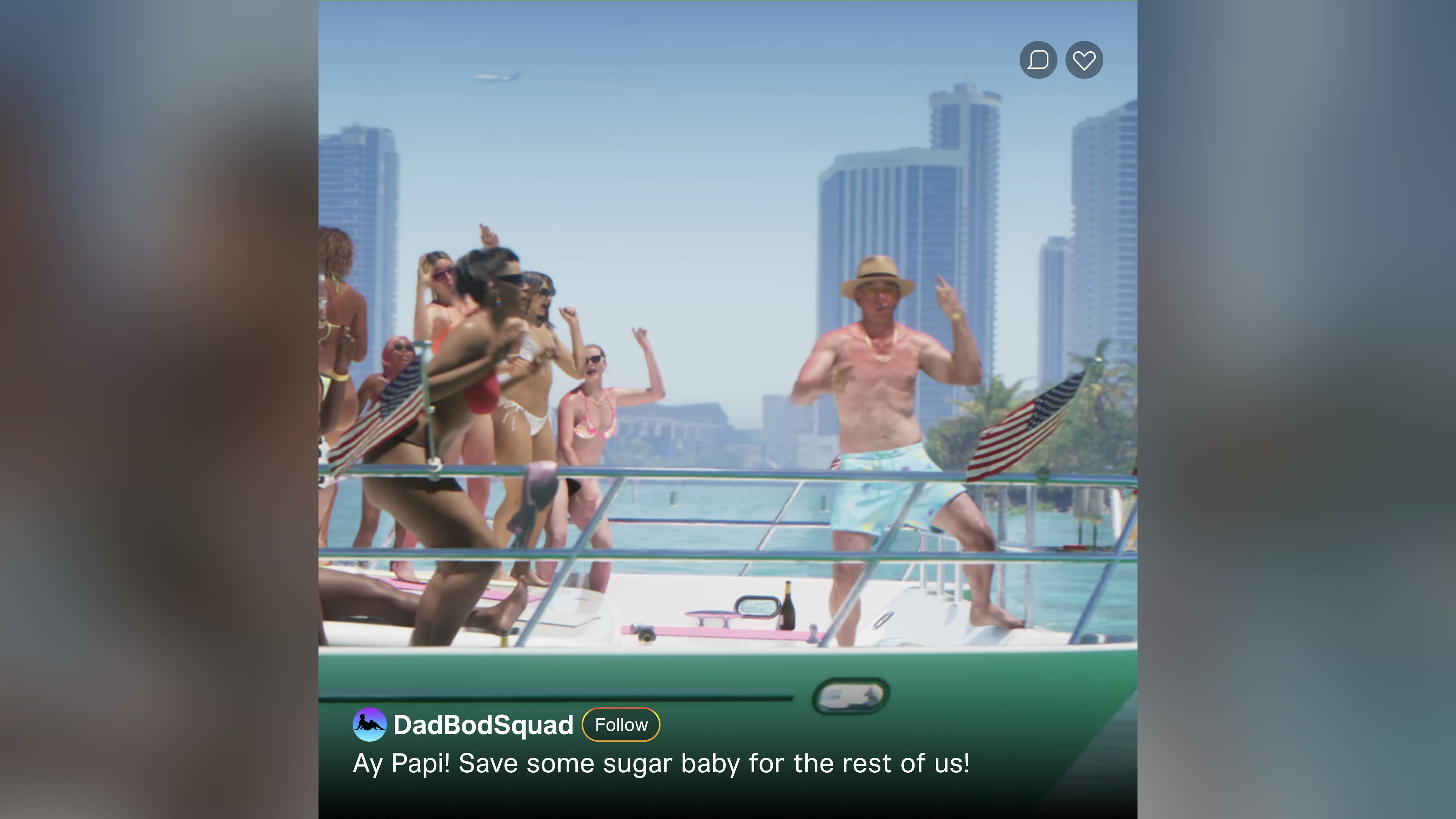 A social media post depicts a sunburned man dancing on a yacht with bikini-clad partygoers and a Vice City skyline behind.