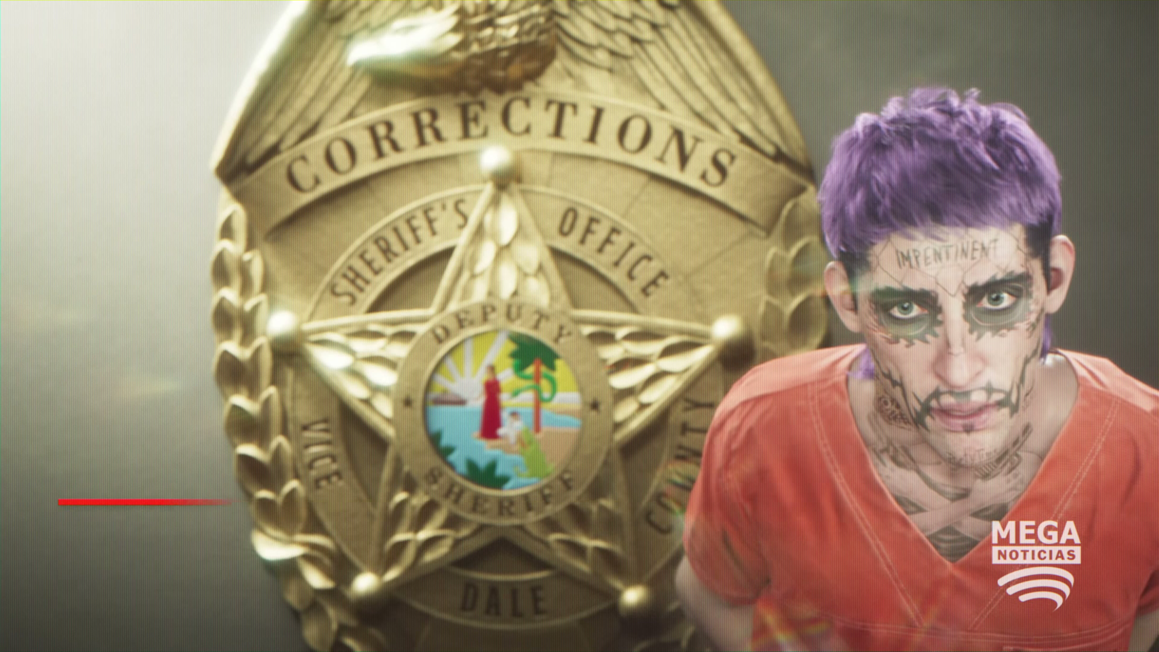 Mega Noticias news graphic showing a mugshot with IMPERTINENT face tattoo