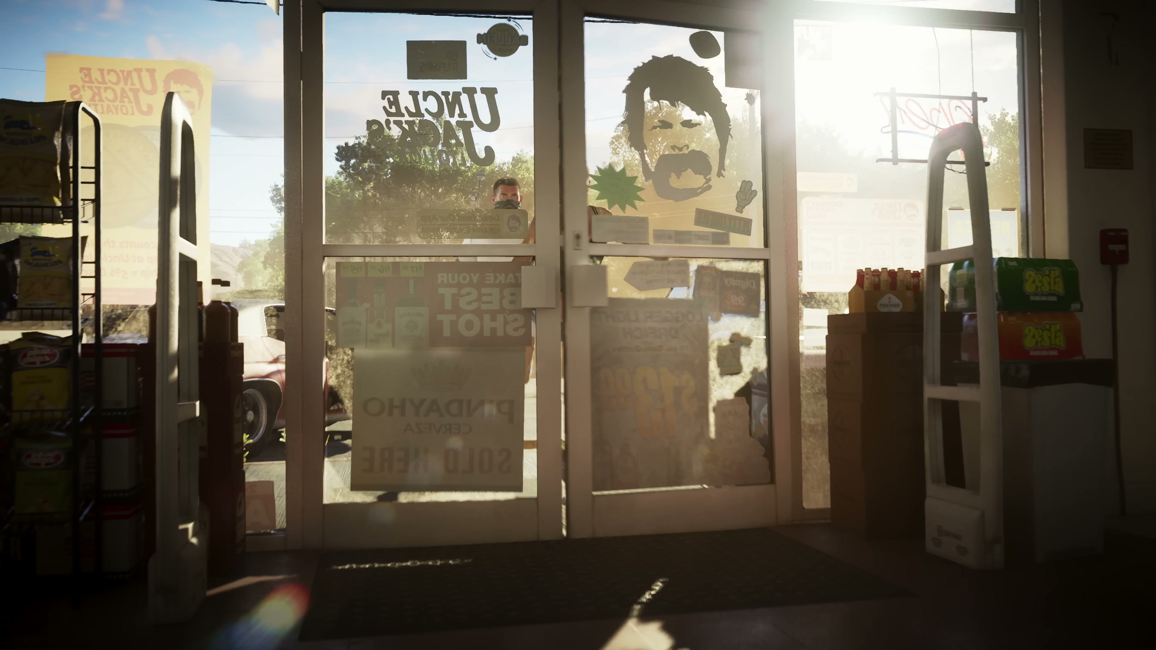 First-person view from inside a convenience store looking out through poster-covered glass doors at a silhouetted figure.